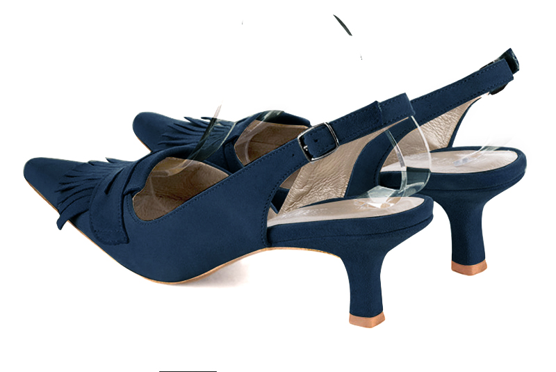 Navy blue women's slingback shoes. Pointed toe. Medium spool heels. Rear view - Florence KOOIJMAN
